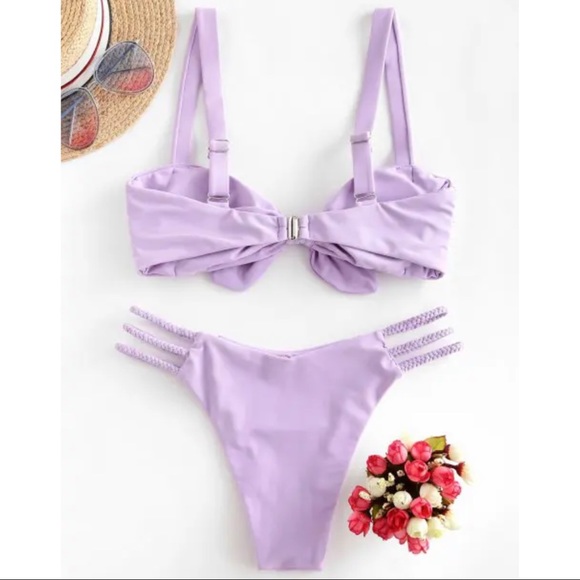 Lavender Pleated Braided Tie Cheeky Bikini Set - Picture 3 of 8